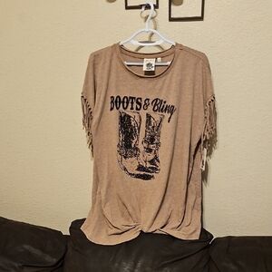 Boots & Bling Tan Fringe Short Sleeve Tee
